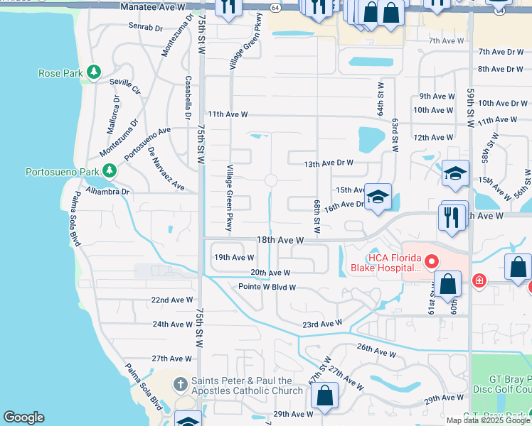 map of restaurants, bars, coffee shops, grocery stores, and more near 7115 Costa Bella Drive in Bradenton