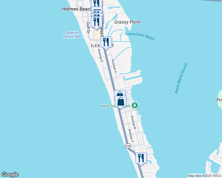 map of restaurants, bars, coffee shops, grocery stores, and more near 601 6th Street in Bradenton Beach