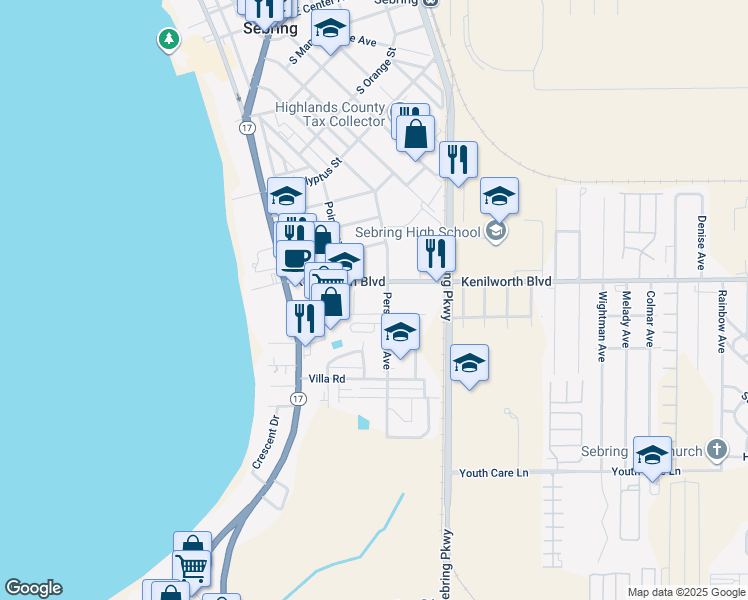 map of restaurants, bars, coffee shops, grocery stores, and more near 1301-1399 Industrial Way East in Sebring