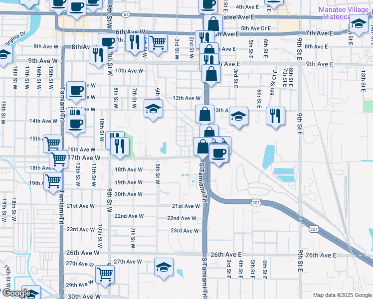 map of restaurants, bars, coffee shops, grocery stores, and more near 1636 2nd Street West in Bradenton