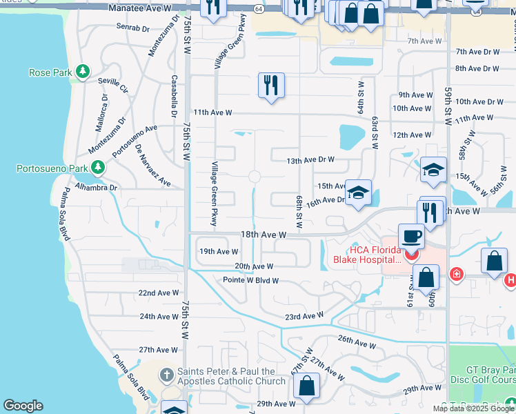 map of restaurants, bars, coffee shops, grocery stores, and more near 7009 Costa Bella Drive in Bradenton