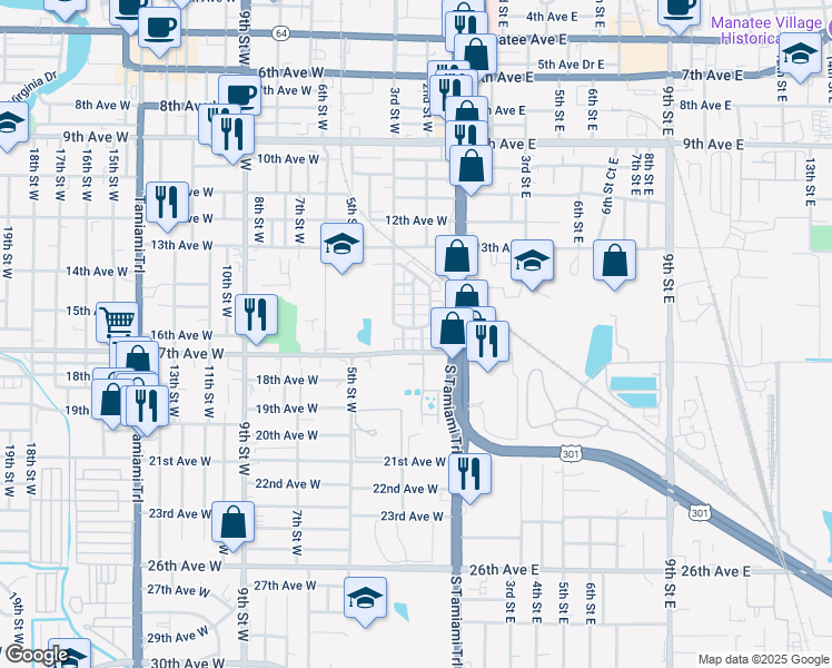 map of restaurants, bars, coffee shops, grocery stores, and more near 1636 2nd Street West in Bradenton