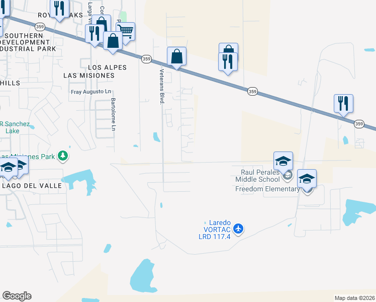 map of restaurants, bars, coffee shops, grocery stores, and more near F 2/12 Old Milwaukee in Laredo
