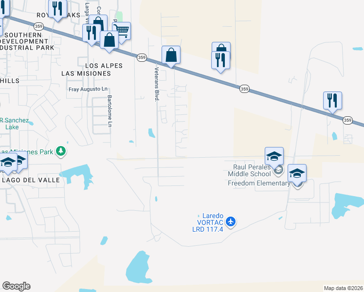 map of restaurants, bars, coffee shops, grocery stores, and more near F 2/12 Old Milwaukee Rd in Laredo