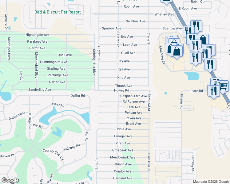 map of restaurants, bars, coffee shops, grocery stores, and more near S Heron St in Sebring