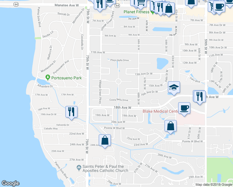 map of restaurants, bars, coffee shops, grocery stores, and more near 1516 Calle Grand Street in Bradenton