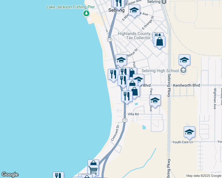 map of restaurants, bars, coffee shops, grocery stores, and more near 2601 Kenilworth Boulevard in Sebring