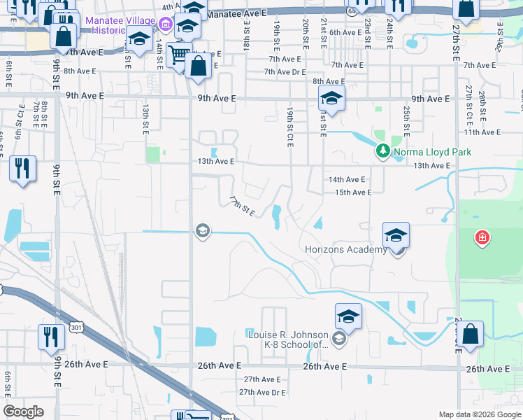map of restaurants, bars, coffee shops, grocery stores, and more near 1434 17th Street Circle in Bradenton