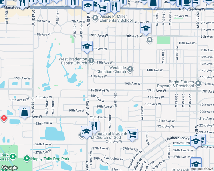 map of restaurants, bars, coffee shops, grocery stores, and more near 3906 16th Avenue West in Bradenton