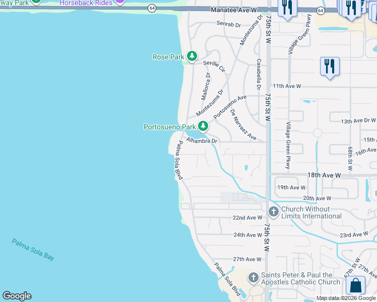 map of restaurants, bars, coffee shops, grocery stores, and more near 1603 Palma Sola Boulevard in Bradenton
