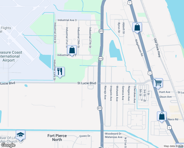 map of restaurants, bars, coffee shops, grocery stores, and more near 2815 Jefferson Parkway in Fort Pierce