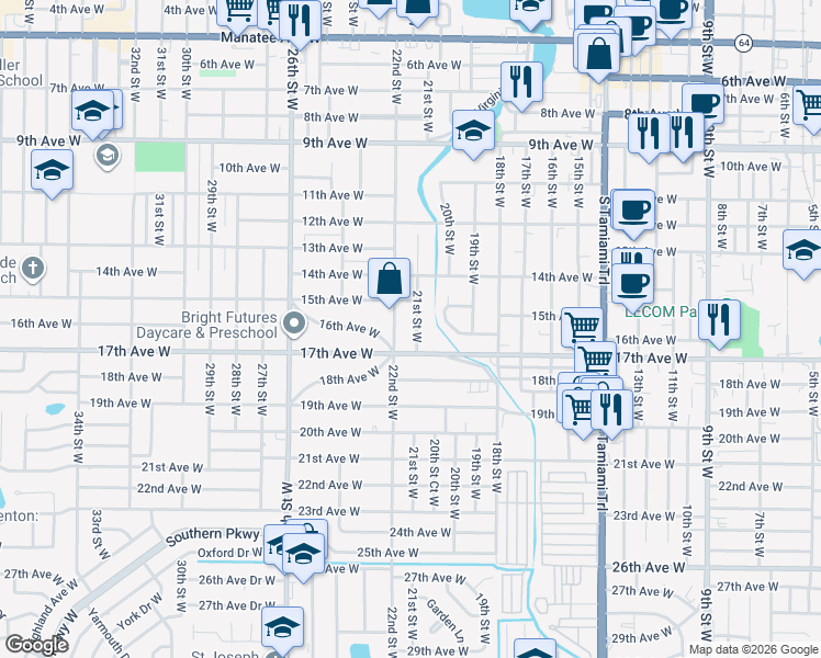 map of restaurants, bars, coffee shops, grocery stores, and more near 1576 21st Street West in Bradenton