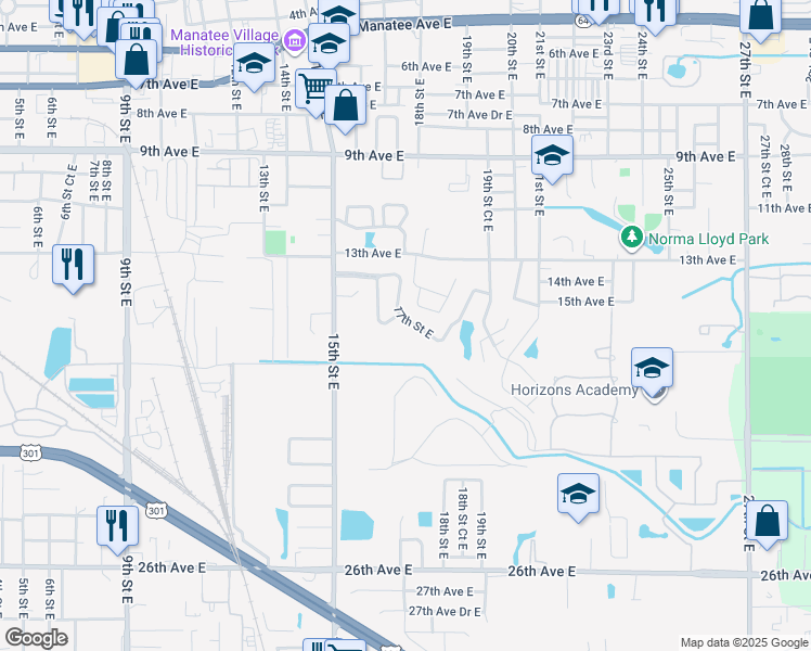 map of restaurants, bars, coffee shops, grocery stores, and more near 1414 17th Street Circle in Bradenton