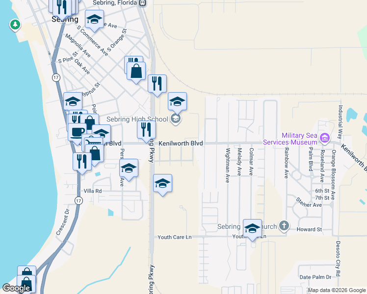 map of restaurants, bars, coffee shops, grocery stores, and more near 3528-3648 Kenilworth Blvd in Sebring