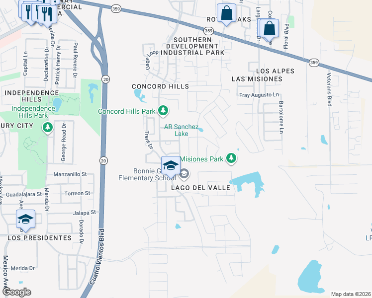 map of restaurants, bars, coffee shops, grocery stores, and more near 1140 Savannah Loop in Laredo