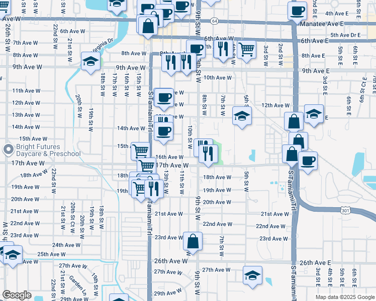 map of restaurants, bars, coffee shops, grocery stores, and more near 1502 10th Street West in Bradenton