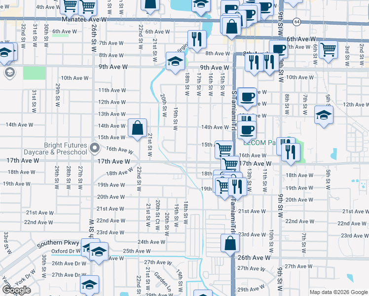 map of restaurants, bars, coffee shops, grocery stores, and more near 1502 18th Street West in Bradenton