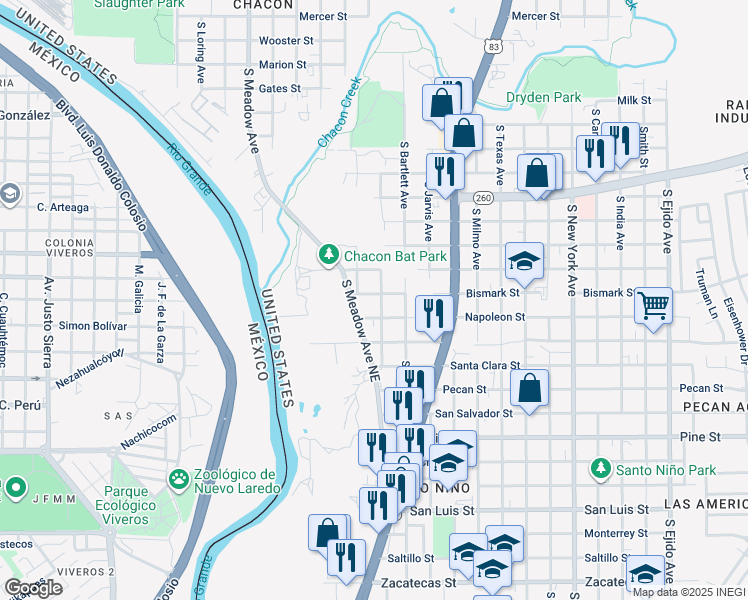 map of restaurants, bars, coffee shops, grocery stores, and more near 2004 Bismark Street in Laredo