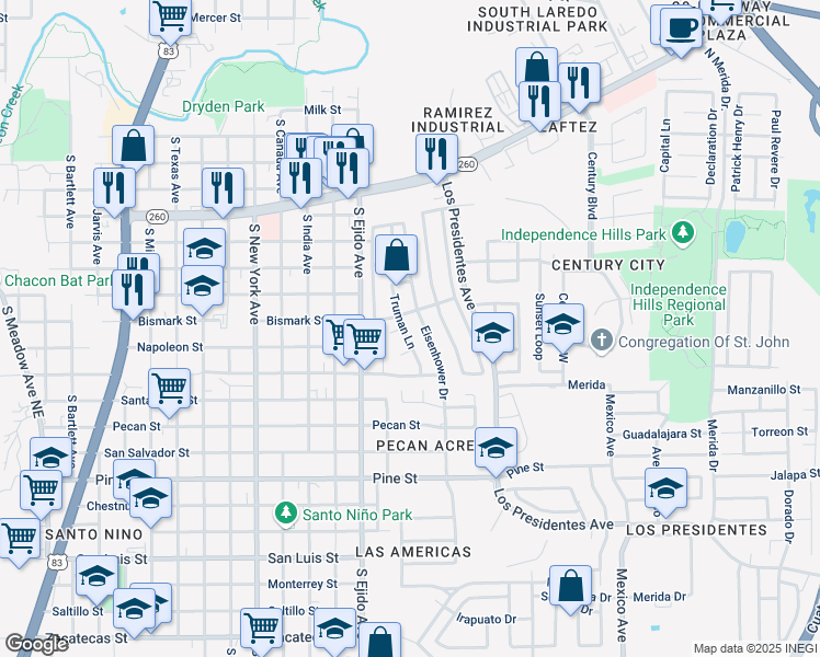 map of restaurants, bars, coffee shops, grocery stores, and more near 1303 Truman Lane in Laredo