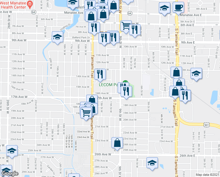 map of restaurants, bars, coffee shops, grocery stores, and more near 1508 11th Street West in Bradenton