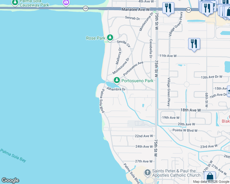 map of restaurants, bars, coffee shops, grocery stores, and more near 7815 Alhambra Drive in Bradenton