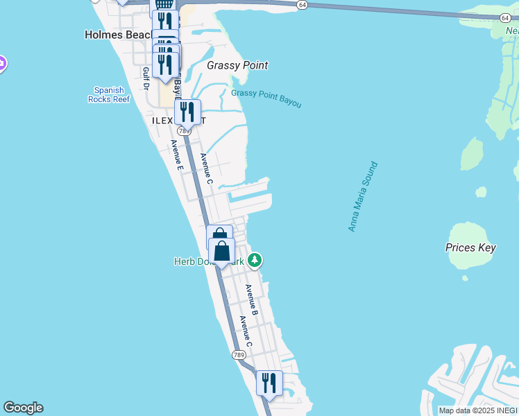 map of restaurants, bars, coffee shops, grocery stores, and more near 513 Bayview Drive in Holmes Beach