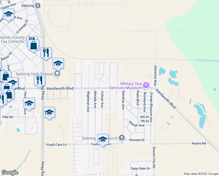 map of restaurants, bars, coffee shops, grocery stores, and more near 4150 Kenilworth Boulevard in Sebring