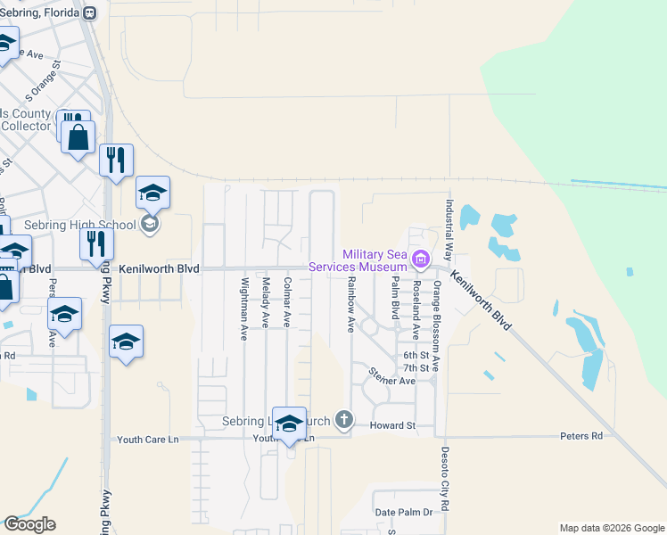 map of restaurants, bars, coffee shops, grocery stores, and more near 4275 Kenilworth Boulevard in Sebring
