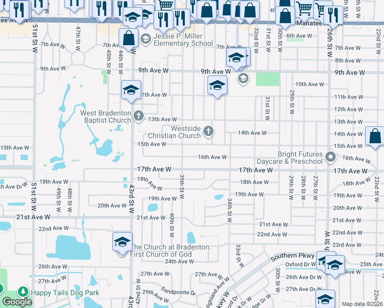 map of restaurants, bars, coffee shops, grocery stores, and more near 3804 16th Avenue West in Bradenton