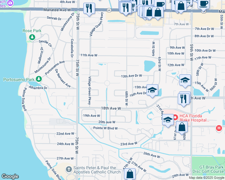 map of restaurants, bars, coffee shops, grocery stores, and more near 1506 70th Street West in Bradenton