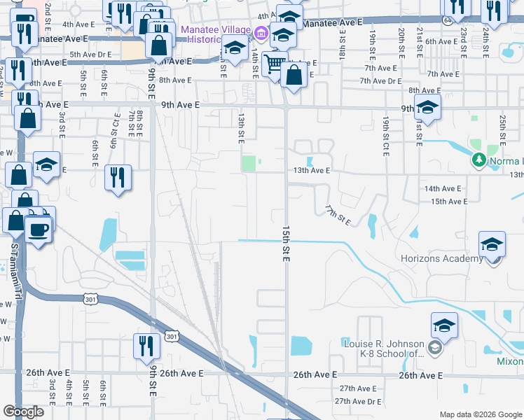 map of restaurants, bars, coffee shops, grocery stores, and more near 1501 14th Street East in Bradenton