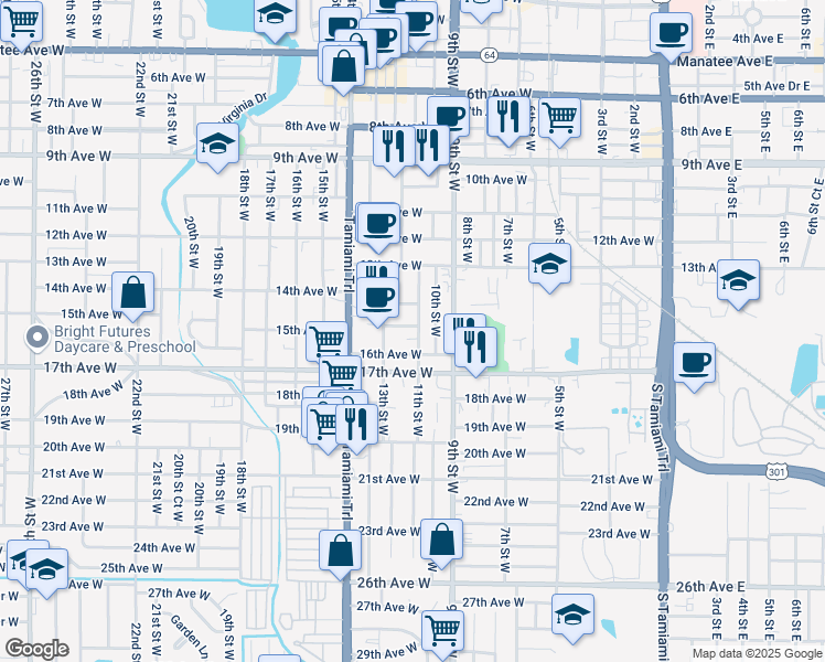 map of restaurants, bars, coffee shops, grocery stores, and more near 1205 15th Avenue West in Bradenton