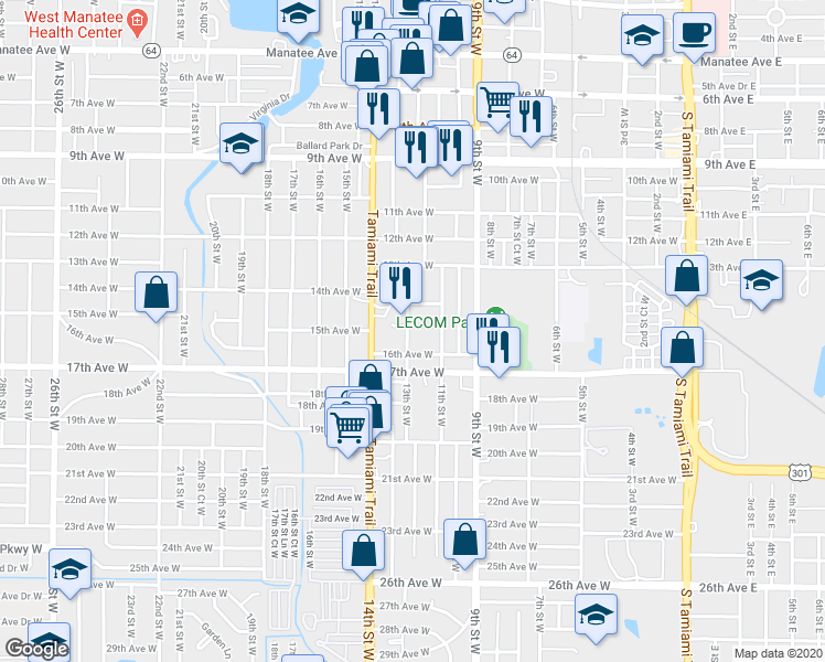 map of restaurants, bars, coffee shops, grocery stores, and more near 1205 15th Avenue West in Bradenton
