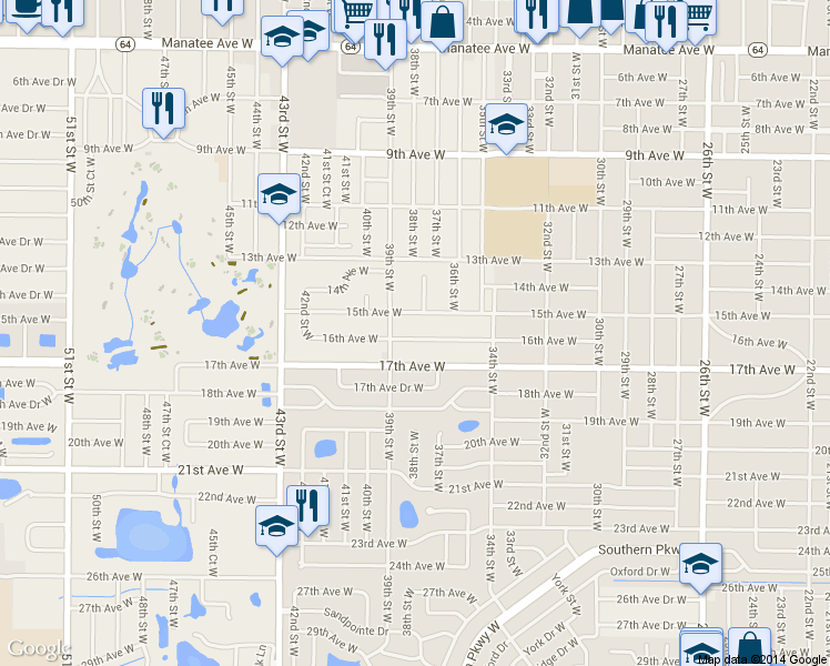 map of restaurants, bars, coffee shops, grocery stores, and more near 3804 16th Avenue West in Bradenton