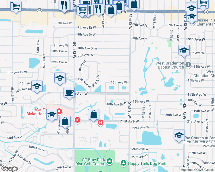 map of restaurants, bars, coffee shops, grocery stores, and more near 1603 54th Street West in Bradenton