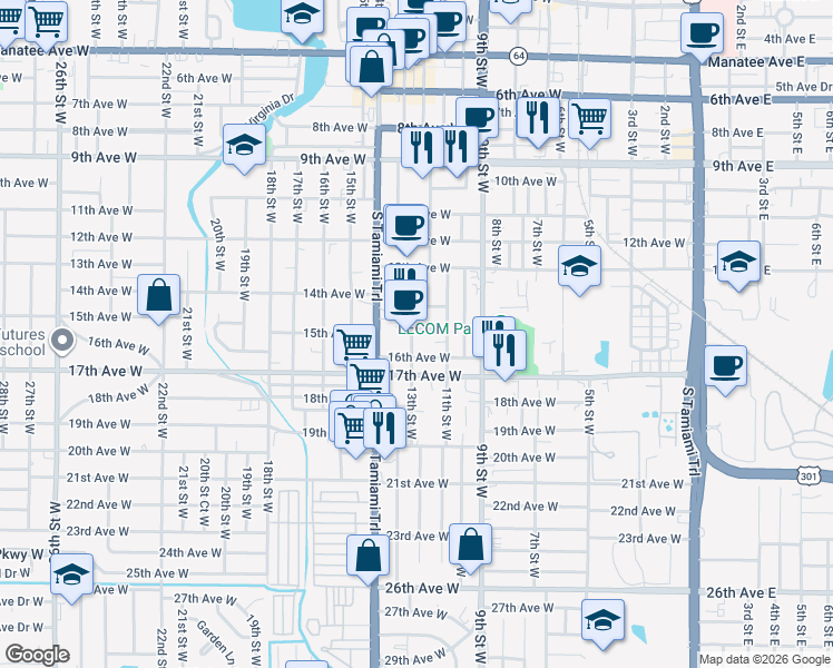 map of restaurants, bars, coffee shops, grocery stores, and more near 1205 15th Avenue West in Bradenton