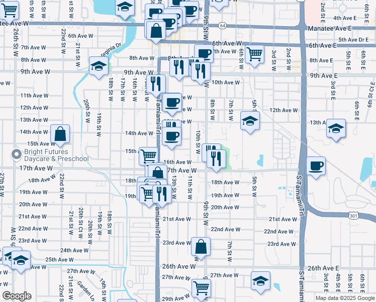 map of restaurants, bars, coffee shops, grocery stores, and more near 1205 15th Avenue West in Bradenton