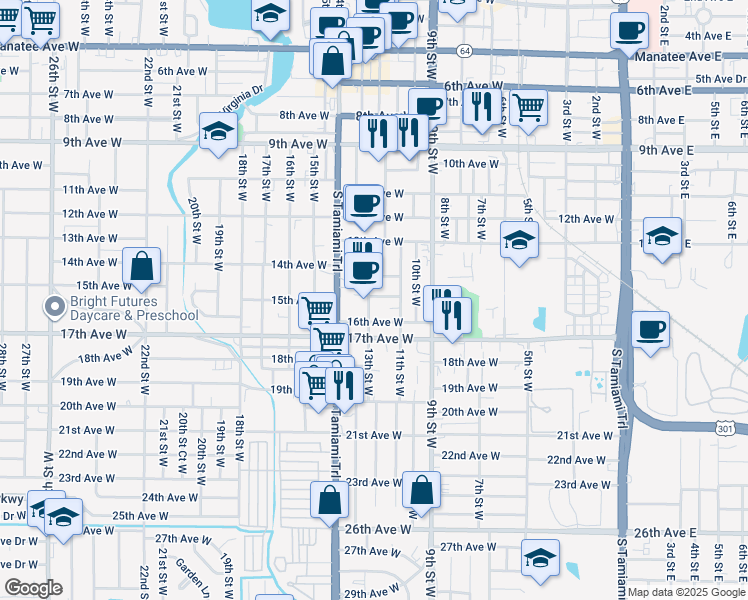 map of restaurants, bars, coffee shops, grocery stores, and more near 1503 13th Street West in Bradenton
