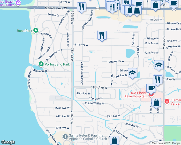map of restaurants, bars, coffee shops, grocery stores, and more near 1501 72nd Street West in Bradenton