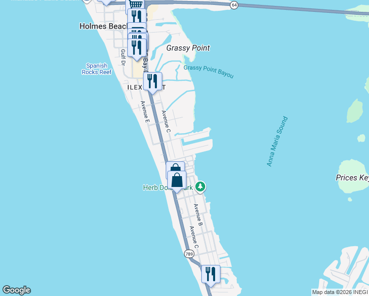 map of restaurants, bars, coffee shops, grocery stores, and more near 502 Bayview Drive in Holmes Beach