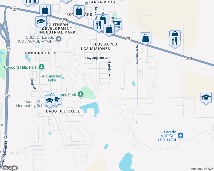 map of restaurants, bars, coffee shops, grocery stores, and more near 6111 Fraile Drive in Laredo