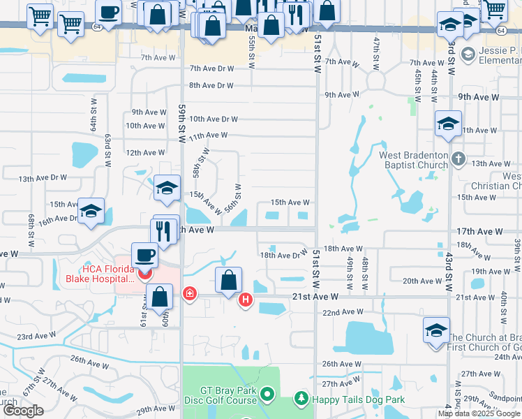 map of restaurants, bars, coffee shops, grocery stores, and more near 1603 54th Street West in Bradenton