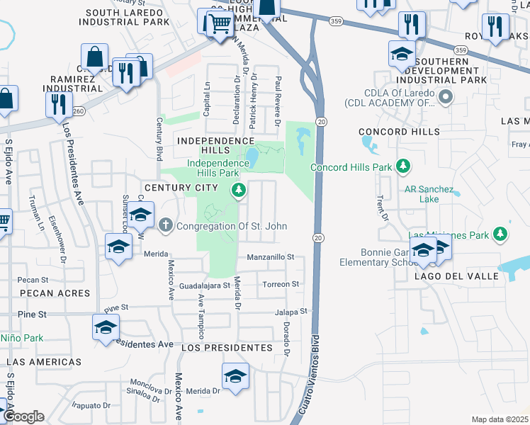 map of restaurants, bars, coffee shops, grocery stores, and more near 823 George Read Drive in Laredo