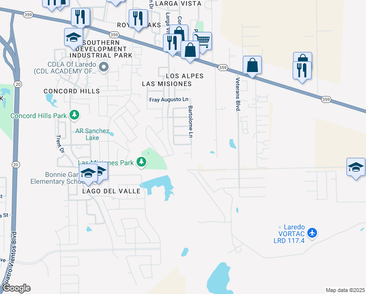 map of restaurants, bars, coffee shops, grocery stores, and more near 6111 Fraile Drive in Laredo