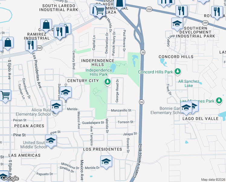 map of restaurants, bars, coffee shops, grocery stores, and more near 823 George Read Drive in Laredo