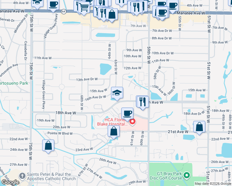 map of restaurants, bars, coffee shops, grocery stores, and more near 1413 63rd Street West in Bradenton