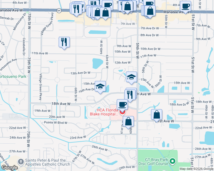 map of restaurants, bars, coffee shops, grocery stores, and more near 1413 63rd Street West in Bradenton