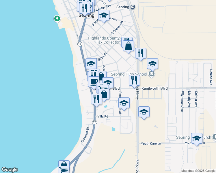 map of restaurants, bars, coffee shops, grocery stores, and more near 844 Poinsettia Avenue in Sebring