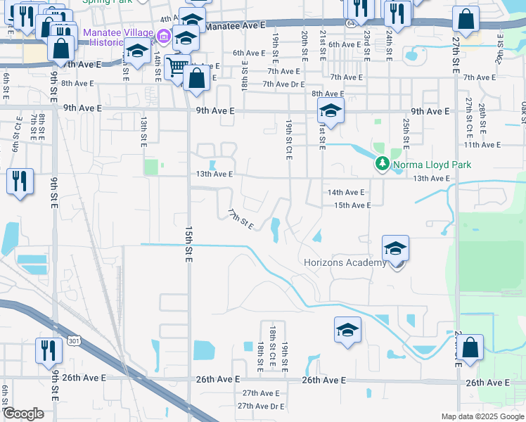 map of restaurants, bars, coffee shops, grocery stores, and more near 1434 17th Street Circle in Bradenton