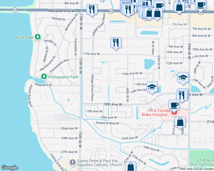 map of restaurants, bars, coffee shops, grocery stores, and more near 1501 72nd Street West in Bradenton